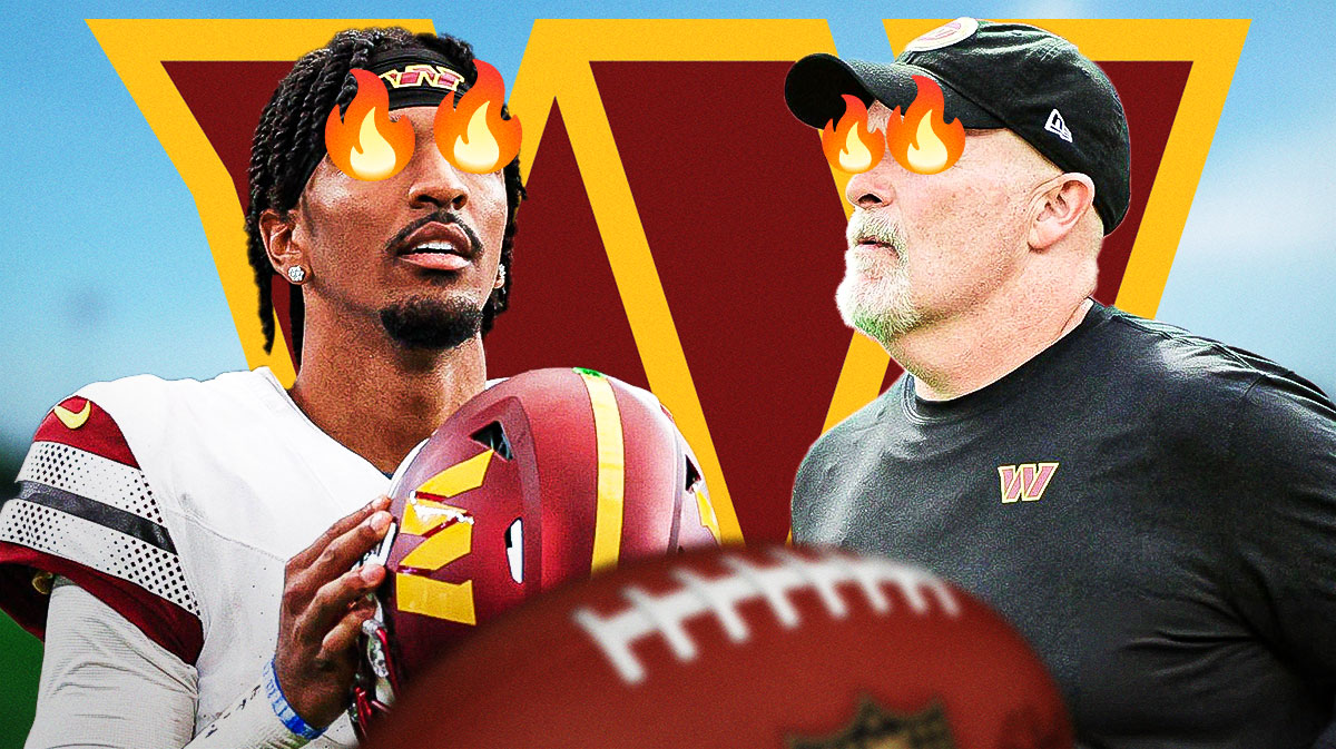 Washington Commanders QB Jayden Daniels with head coach Dan Quinn. They both have fire emojis over their eyes. There is also a logo for the Washington Commanders.