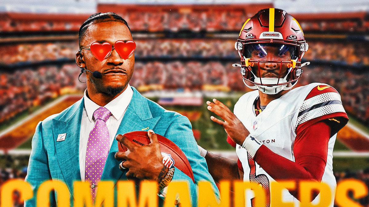 Former ESPN analyst Robert Griffin III with hearts on his eyes, as he's looking at Washington Commanders quarterback Jayden Daniels.
