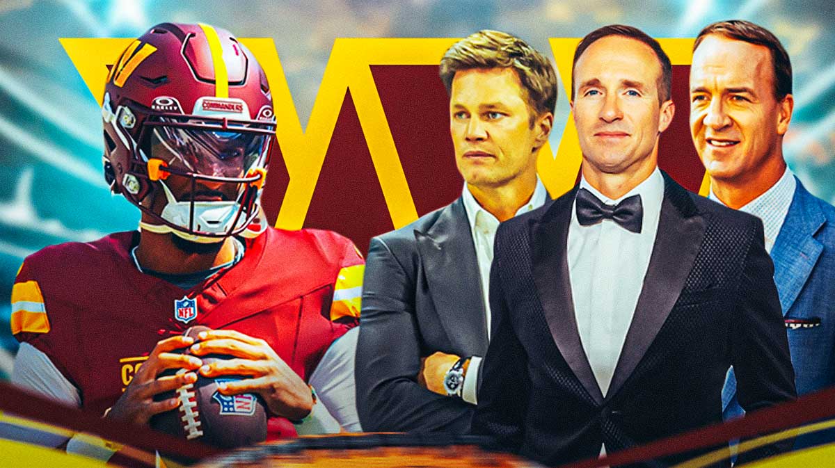 Washington Commanders QB Jayden Daniels with former NFL QBs Tom Brady, Peyton Manning, and Drew Brees. There is also a logo for the Washington Commanders.