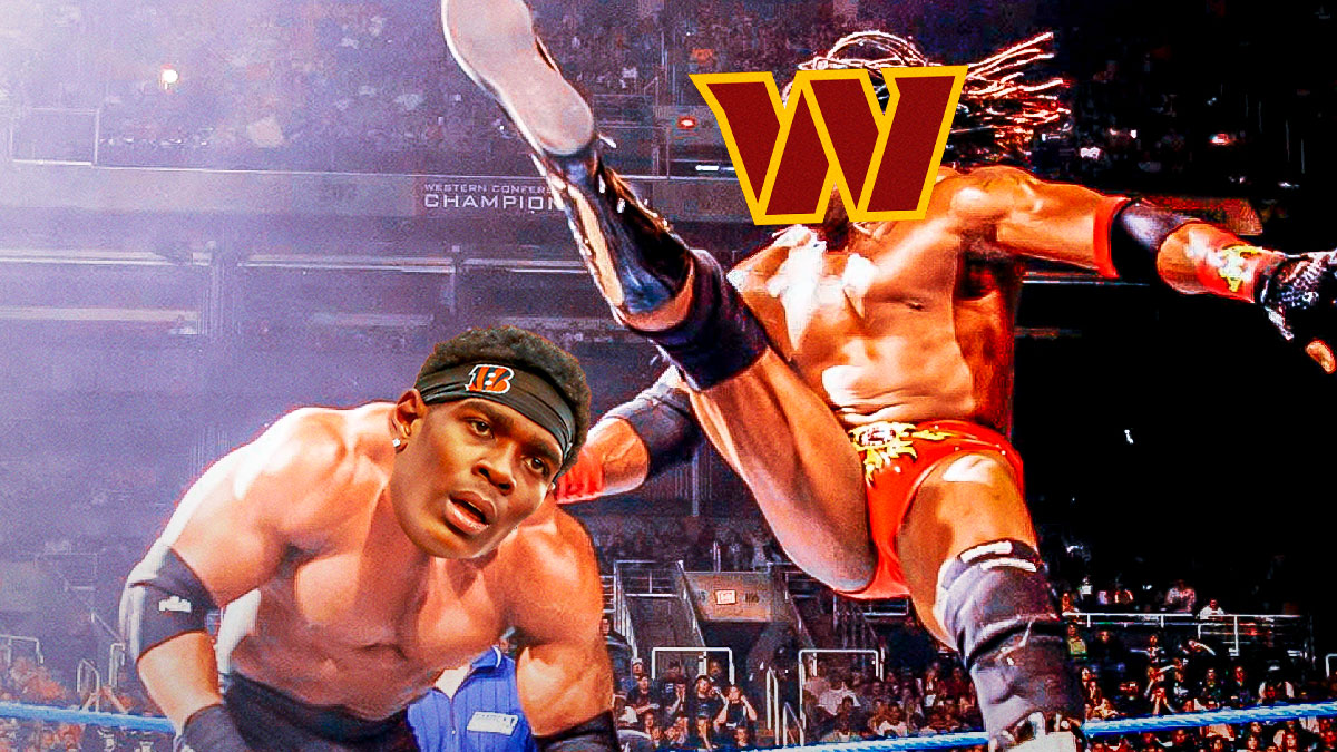 Cam Taylor-Britt (Bengals) as the wrestler on the LEFT and Washington Commanders logo on the face of the wrestler on the RIGHT