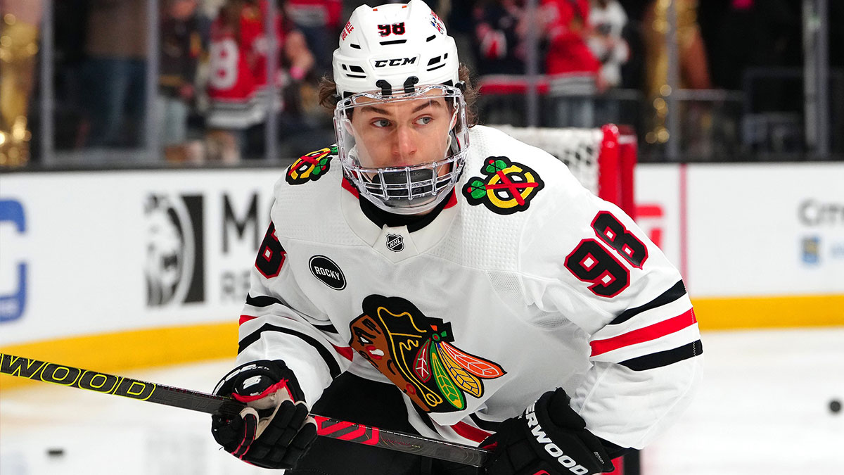 Chicago Blackhawks center Connor Bedard (98) warms up before a game against the Vegas Golden Knights at T-Mobile Arena.