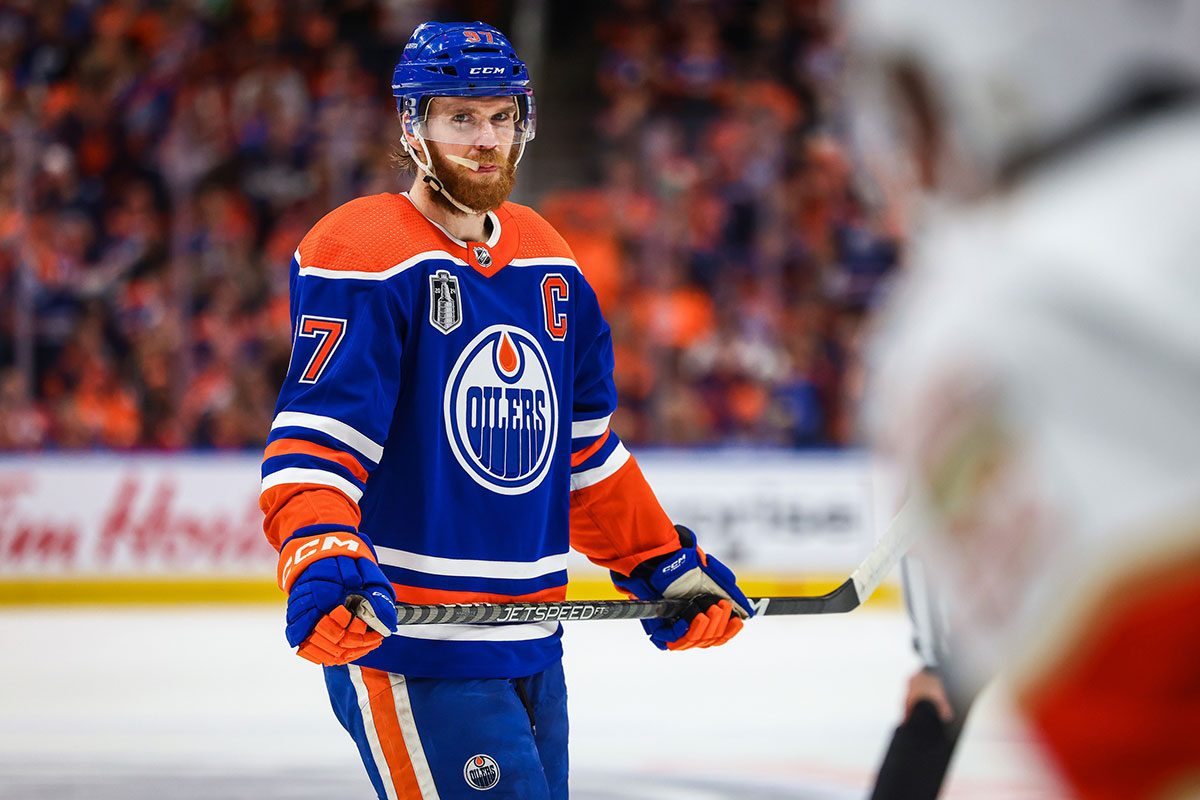 Edmonton Oilers center Connor McDavid (97) against the Florida Panthers during the second period in game six of the 2024 Stanley Cup Final at Rogers Place.