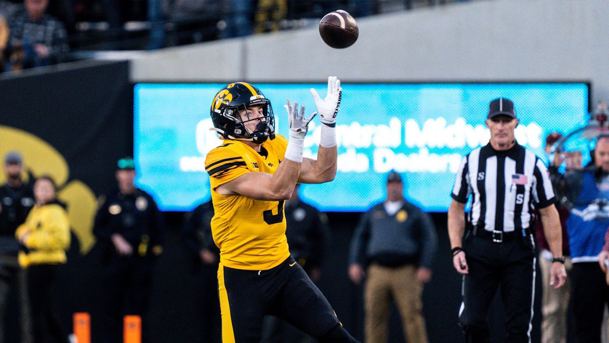 Iowa defensive back Cooper DeJean (3) catches a punt at Kinnick Stadium on Saturday, Oct. 21, 2023, in Iowa City, Iowa. DeJean returned the punt for a touchdownm and it was later called back after review ruled he fair-caught the punt.
