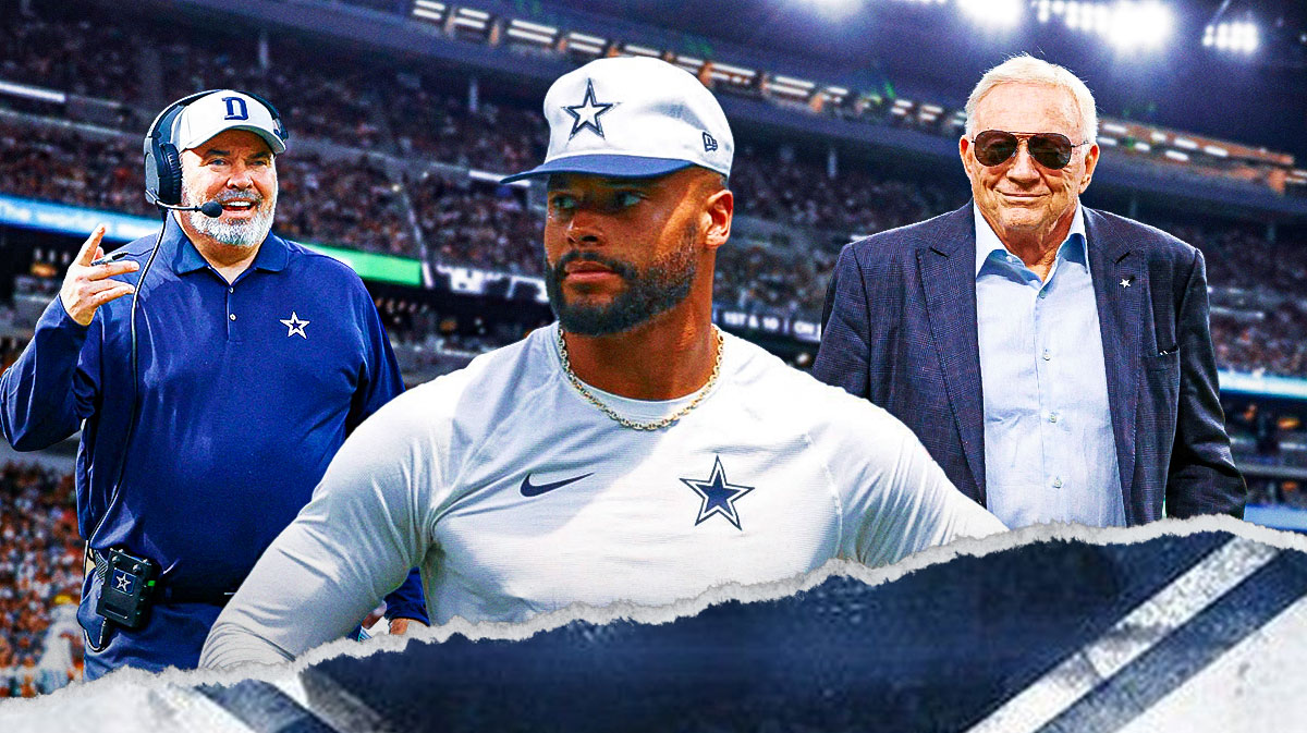 Dallas Cowboys star Dak Prescott in the center with Mike McCarthy and Jerry Jones on either side in front of AT&T Stadium.