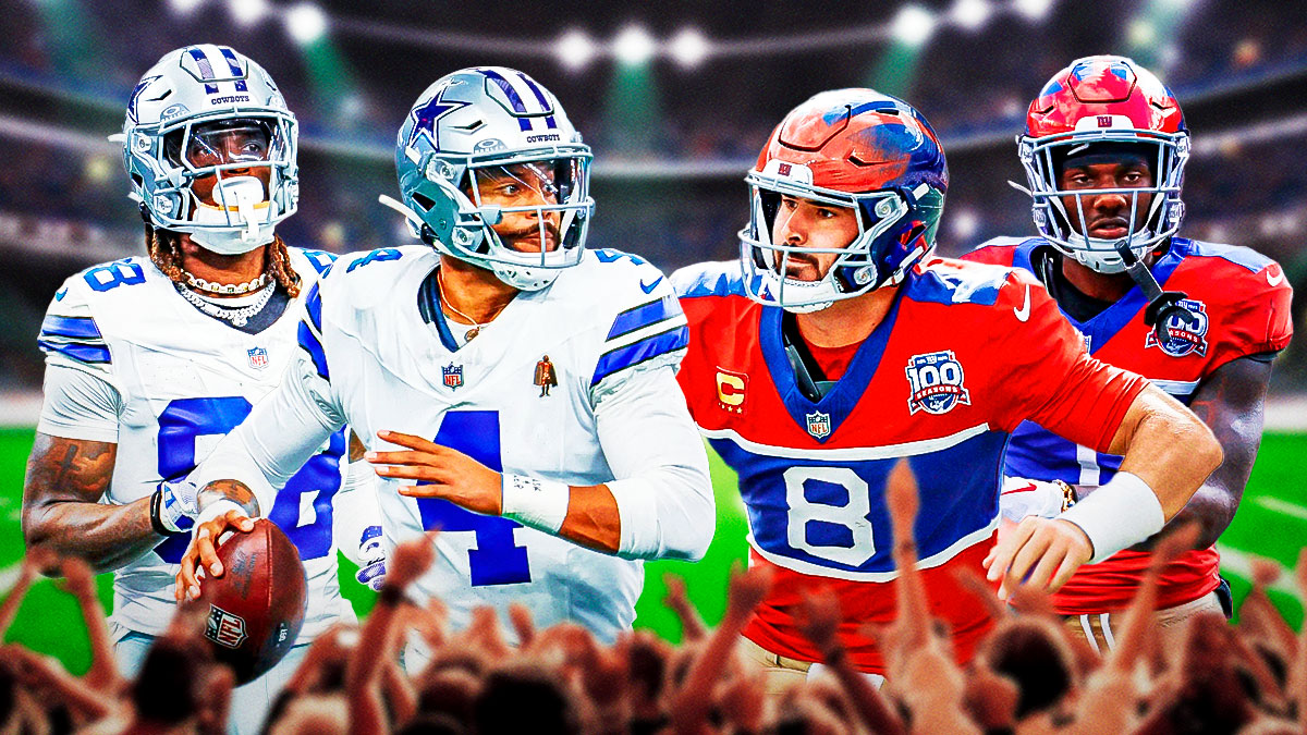 CeeDee Lamb and Dak Prescott on one side, Daniel Jones and Malik Nabers on other side, Dallas Cowboys and New York Giants logos, football field in background