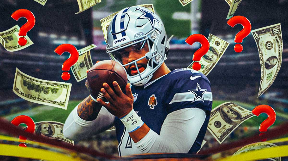 Dak Prescott with money and question marks floating around him.