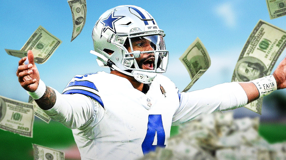 Dak Prescott with a Cowboys jersey with money falling around him.