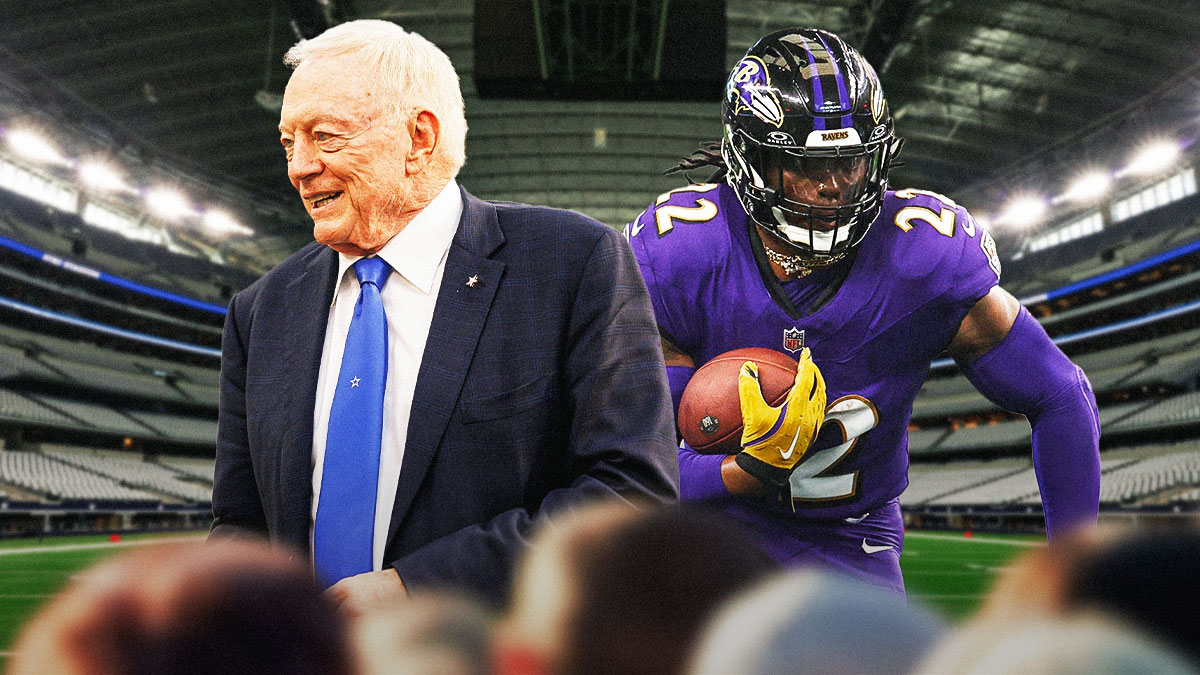 Jerry Jones with Cowboys stadium background next to Derrick Henry.