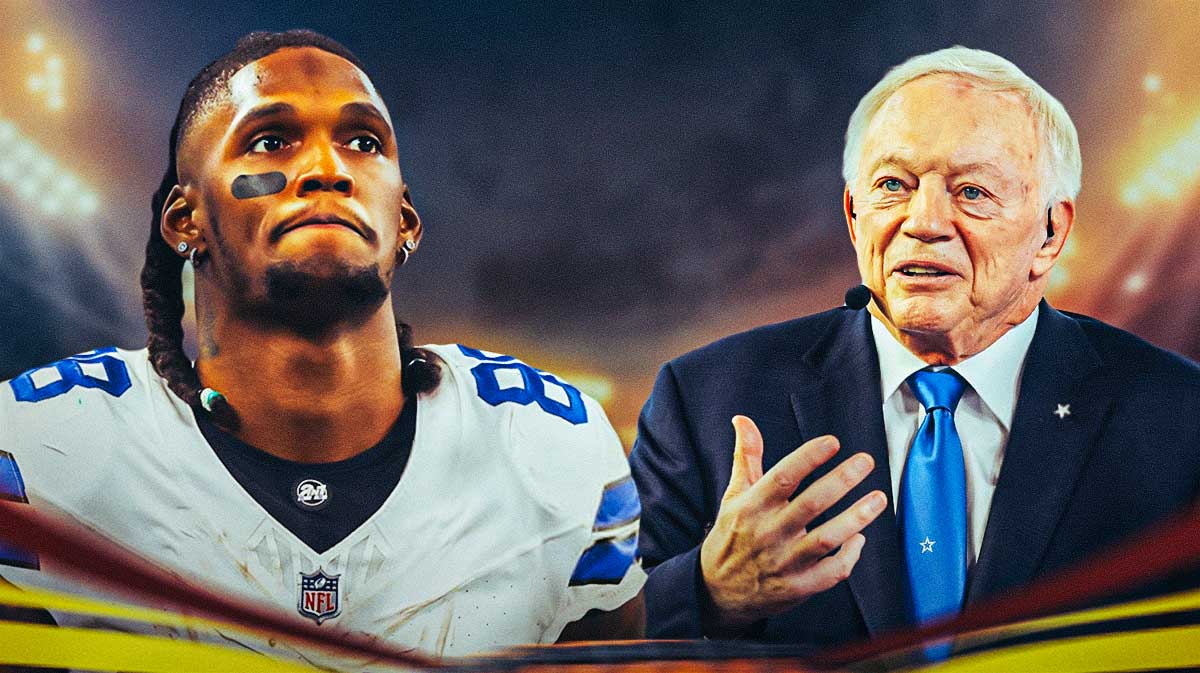 Dallas Cowboys star Jerry Jones and CeeDee Lamb in front of AT&T Stadium.