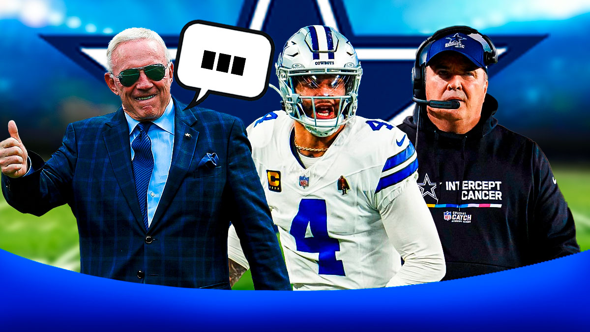 Dallas Cowboys owner Jerry Jones with QB Dak Prescott and head coach Mike McCarthy. Jones has a speech bubble with the three dots emoji inside. There is also a logo for the Dallas Cowboys.