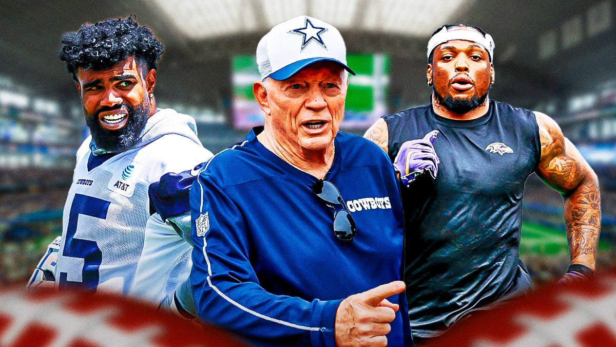 Dallas Cowboys owner Jerry Jones in the middle of Derrick Henry and Ezekiel Elliot in front of AT&T Stadium.