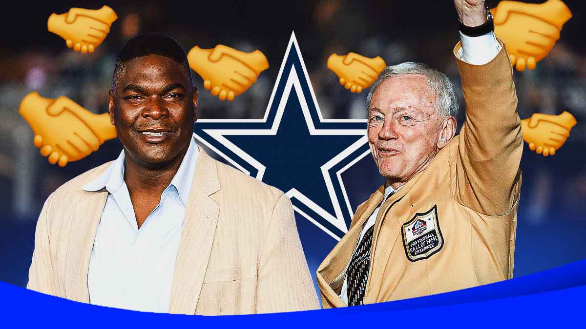 Keyshawn Johnson and Cowboys owner Jerry Jones with handshake emojis 🤝 with a Cowboys logo between them