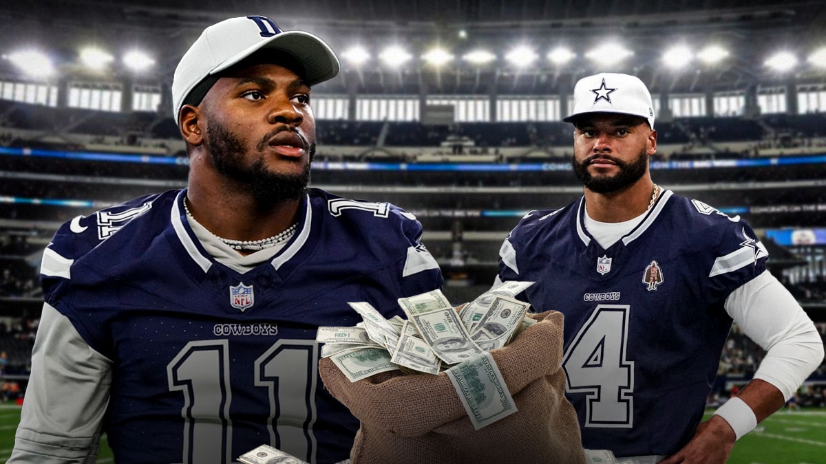 Cowboys linebacker Micah Parsons next to a bag of money along with Cowboys quarterback Dak Prescott