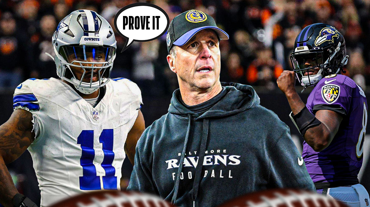 Dallas Cowboys linebacker Micah Parsons with a thought bubble that says "Prove It" while looking at Baltimore Ravens head coach Jim Harbaugh and quarterback Lamar Jackson