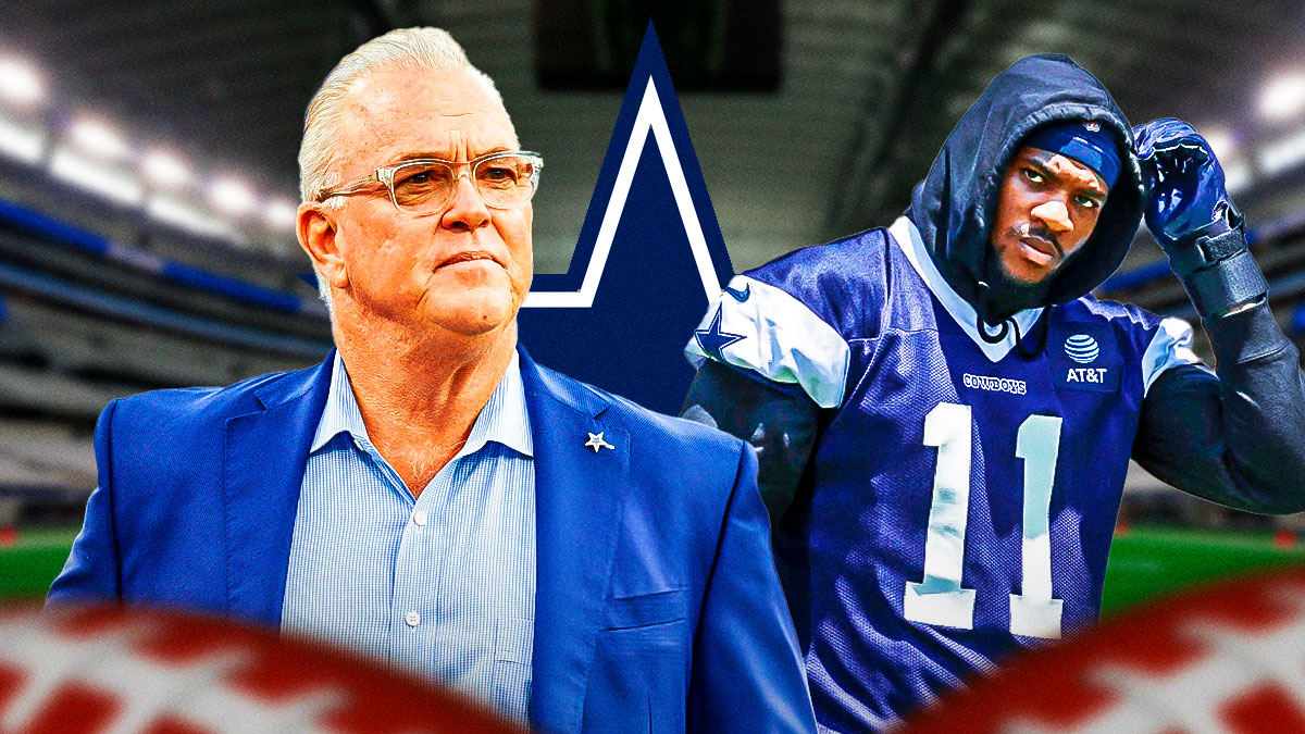 Cowboys EVP Stephen Jones next to Cowboys linebacker Micah Parsons with a Cowboys logo next to him