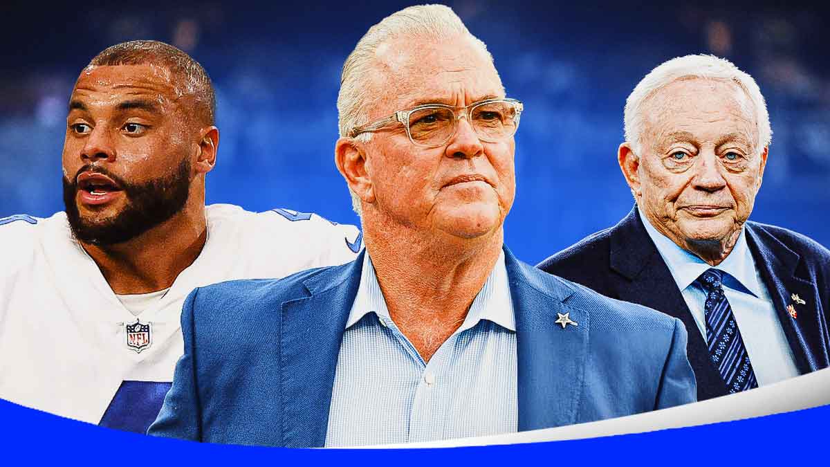 Dallas Cowboys executive Stephen Jones in the center with Dak Prescott and Jerry Jones on either side in front of AT&T Stadium.