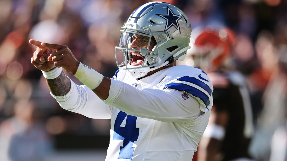 Dallas Cowboys quarterback Dak Prescott (4) celebrates after a touchdown during the first half against the Cleveland Browns at Huntington Bank Field.
