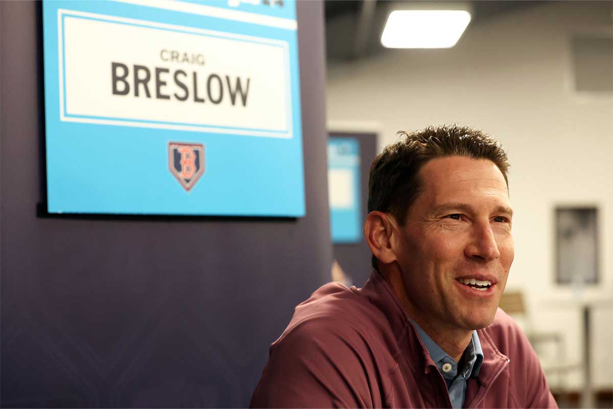 Boston Red Sox chief baseball officer Craig Breslow talks with media at George M. Steinbrenner Field.