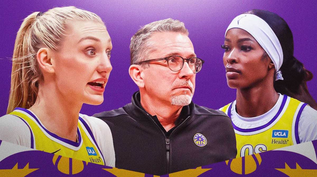 A current/recent image of LA Sparks head coach Curt Miller. Have LA Sparks player Rickea Jackson on one side of him and LA Sparks player Cameron Brink on the other side of him, season