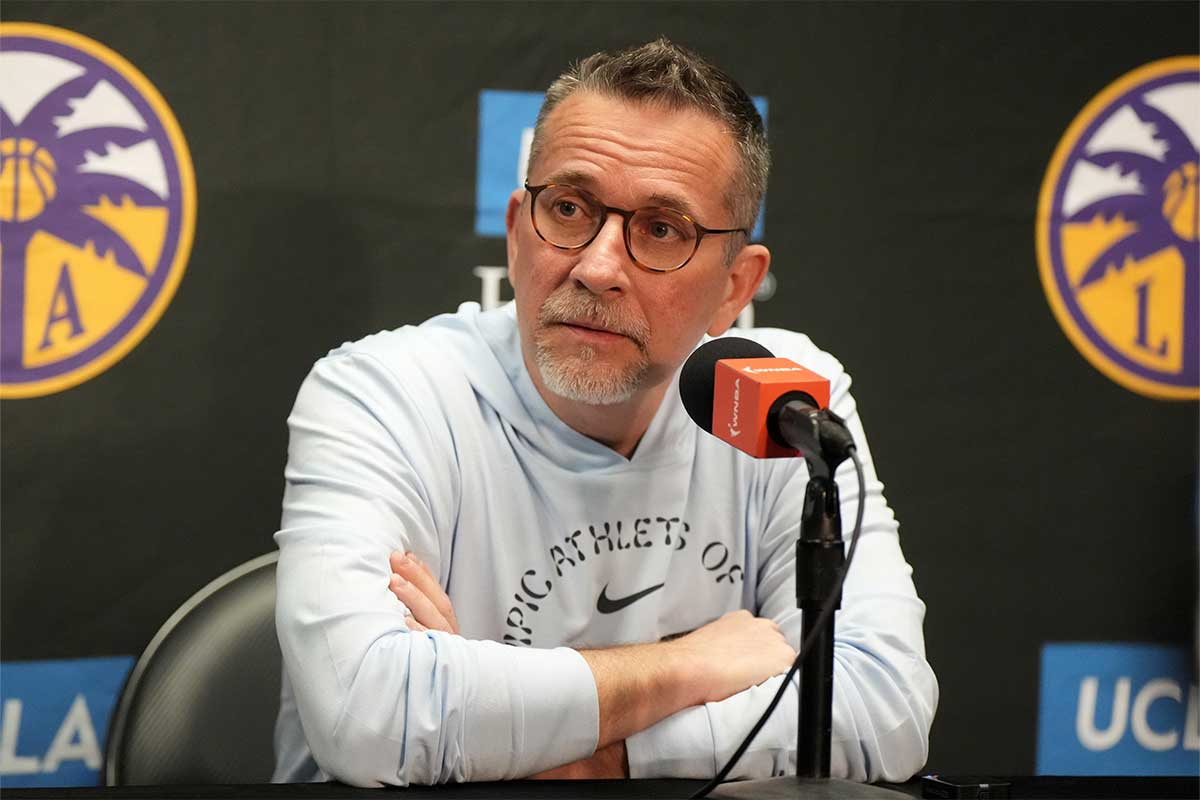 LA Sparks coach Curt Miller at press conference at Crypto.com Arena.