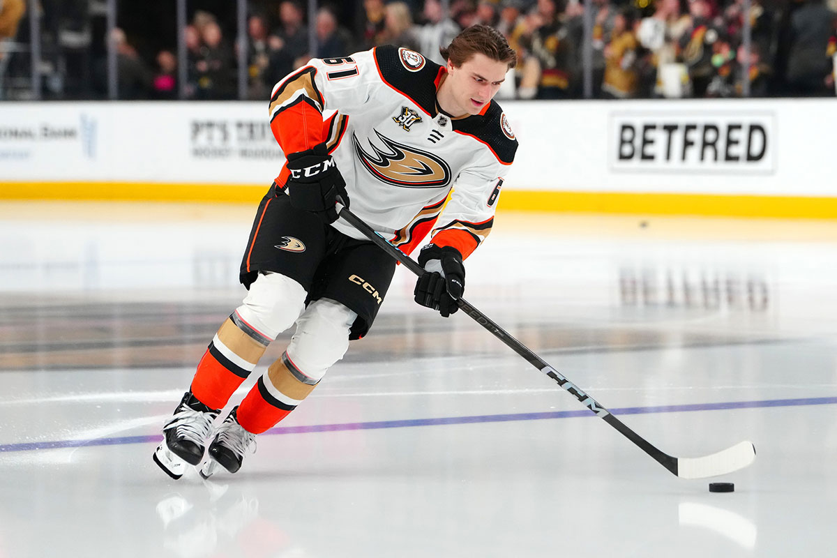 Anaheim Ducks left wing Cutter Gauthier (61) takes a rookie lap before the start of a game against the Vegas Golden Knights at T-Mobile Arena.