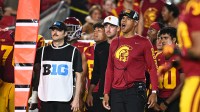 USC Trojans defensive coordinator D'Anton Lynn reacts against the Utah State Aggies during the fourth quarter at United Airlines Field at Los Angeles Memorial Coliseum.