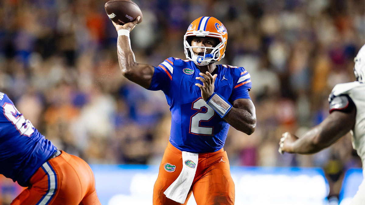 Florida Gators quarterback DJ Lagway (2) throws the ball against the Samford Bulldogs during the second half at Ben Hill Griffin Stadium.