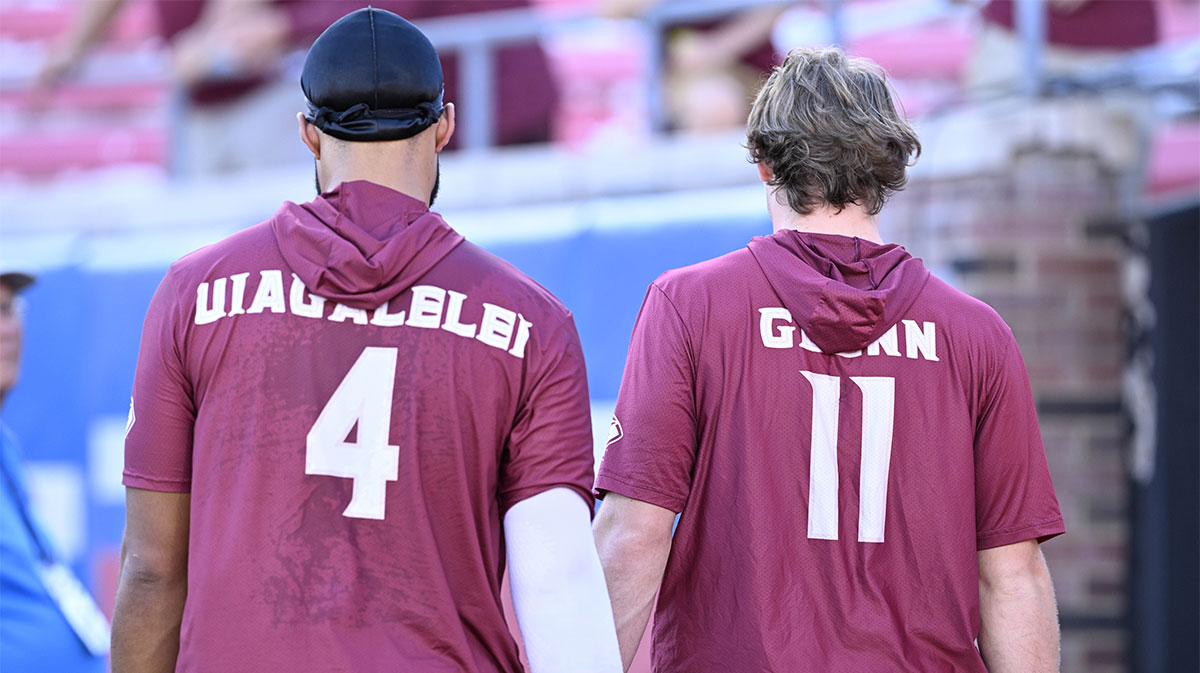 Florida State Seminoles quarterback DJ Uiagalelei (4) and quarterback Brock Glenn (11) before the game between the Southern Methodist Mustangs and the Florida State Seminoles at Gerald J. Ford Stadium.