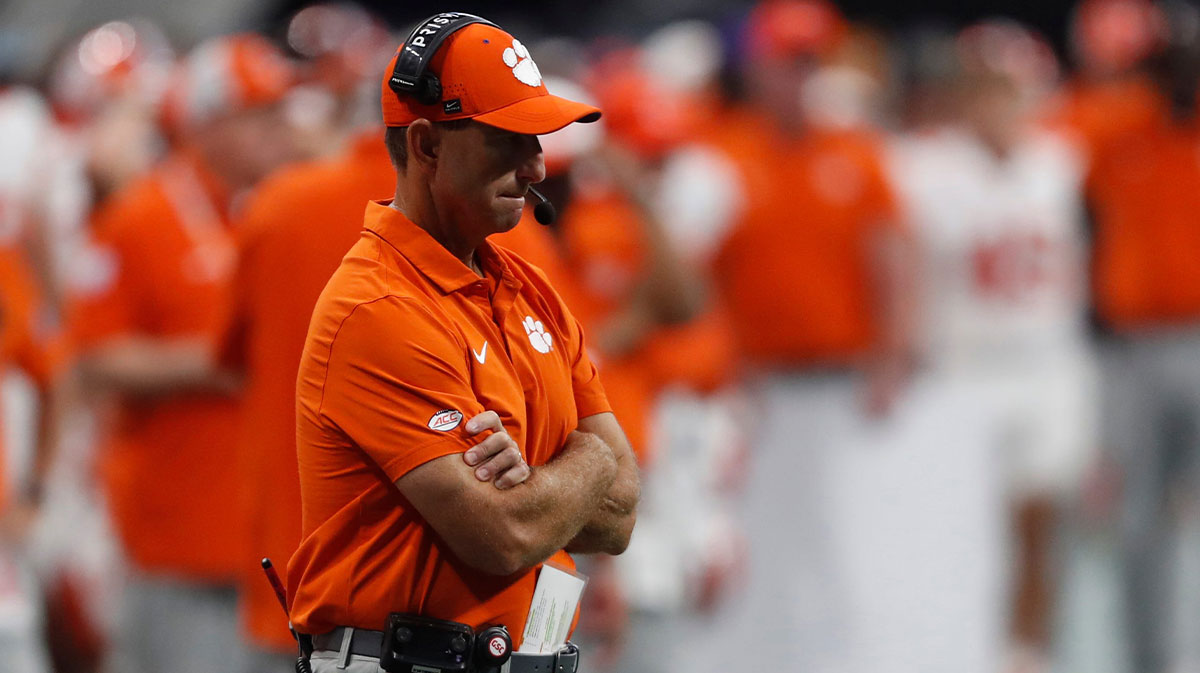 Clemson head coach Dabo Swinney reacts on the sideline during the second half of the NCAA Aflac Kickoff Game against Georgia