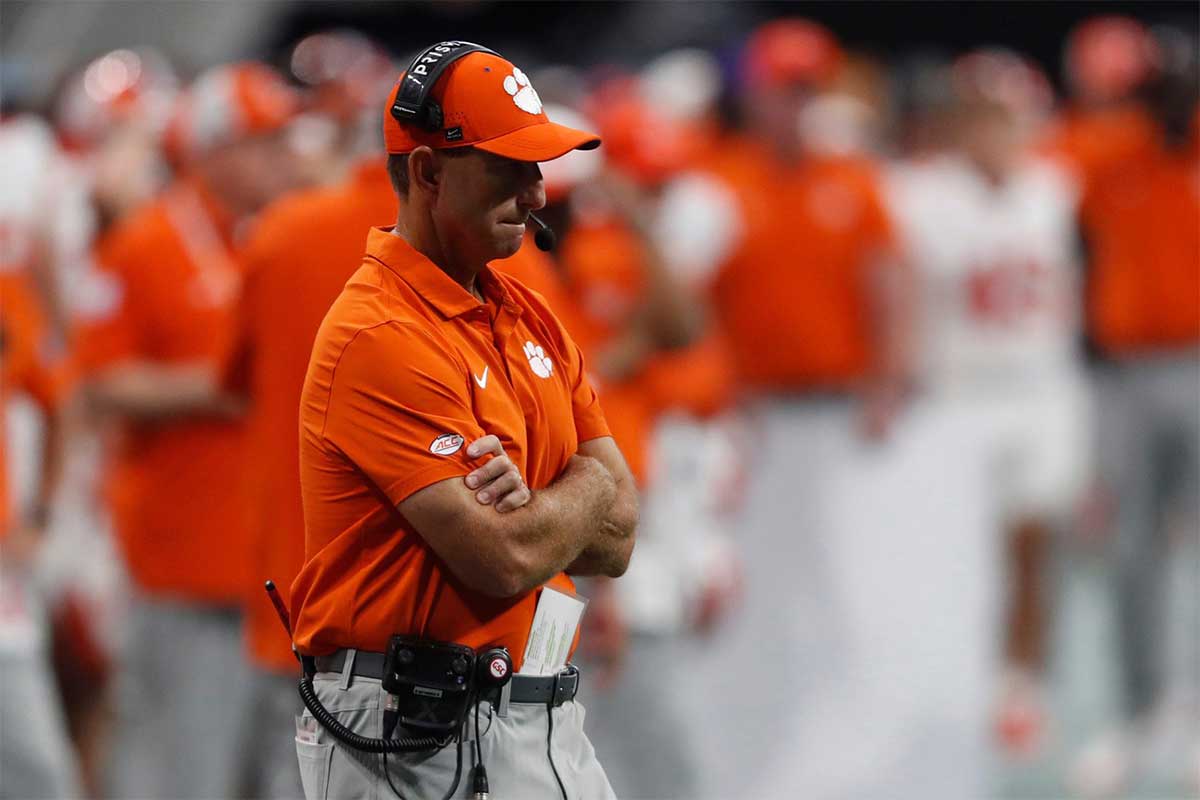 Clemson head coach Dabo Swinney reacts on the sideline during the second half of the NCAA Aflac Kickoff Game against Georgia in Atlanta, on Saturday, Aug. 31, 2024.