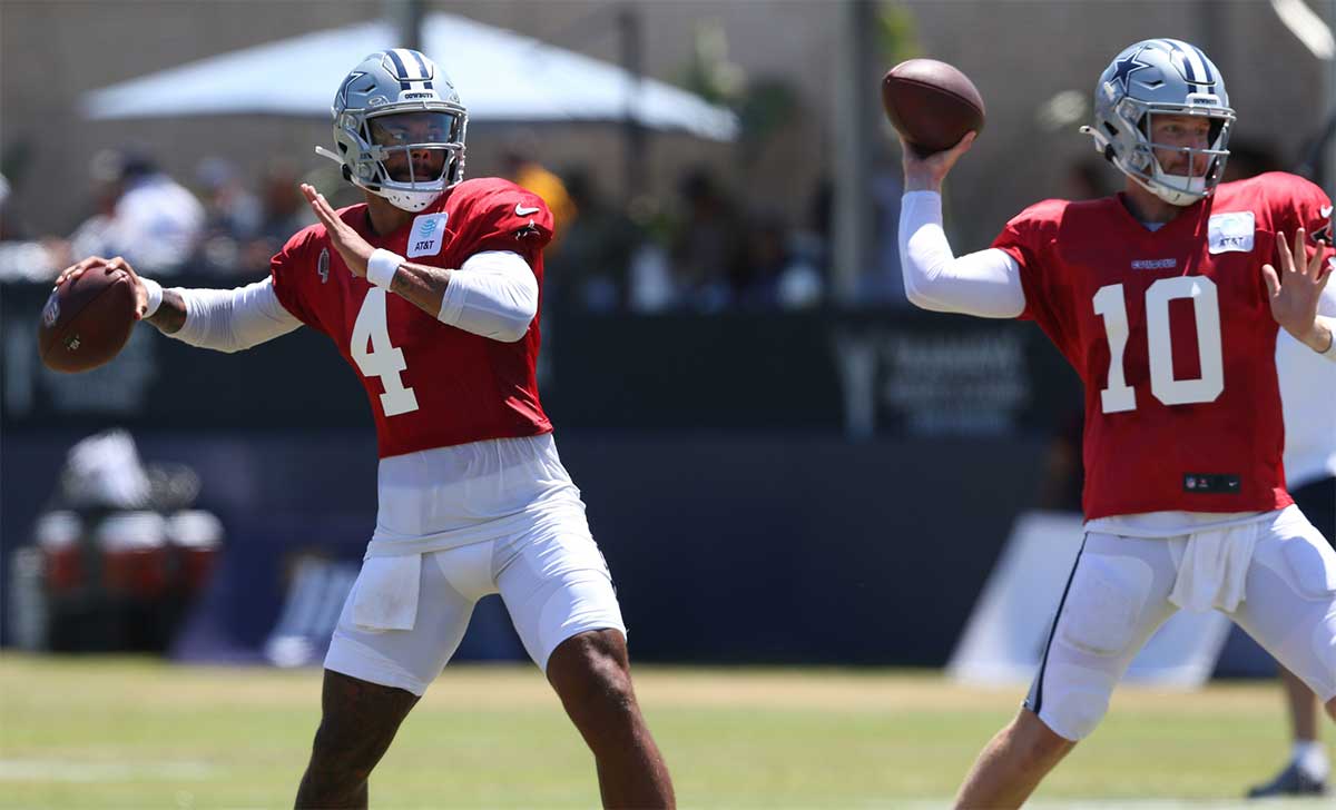 Dallas Cowboys quarterback Dak Prescott (4) throws next to quarterback Cooper Rush (10) during training camp at the River Ridge Playing Fields in Oxnard, California.