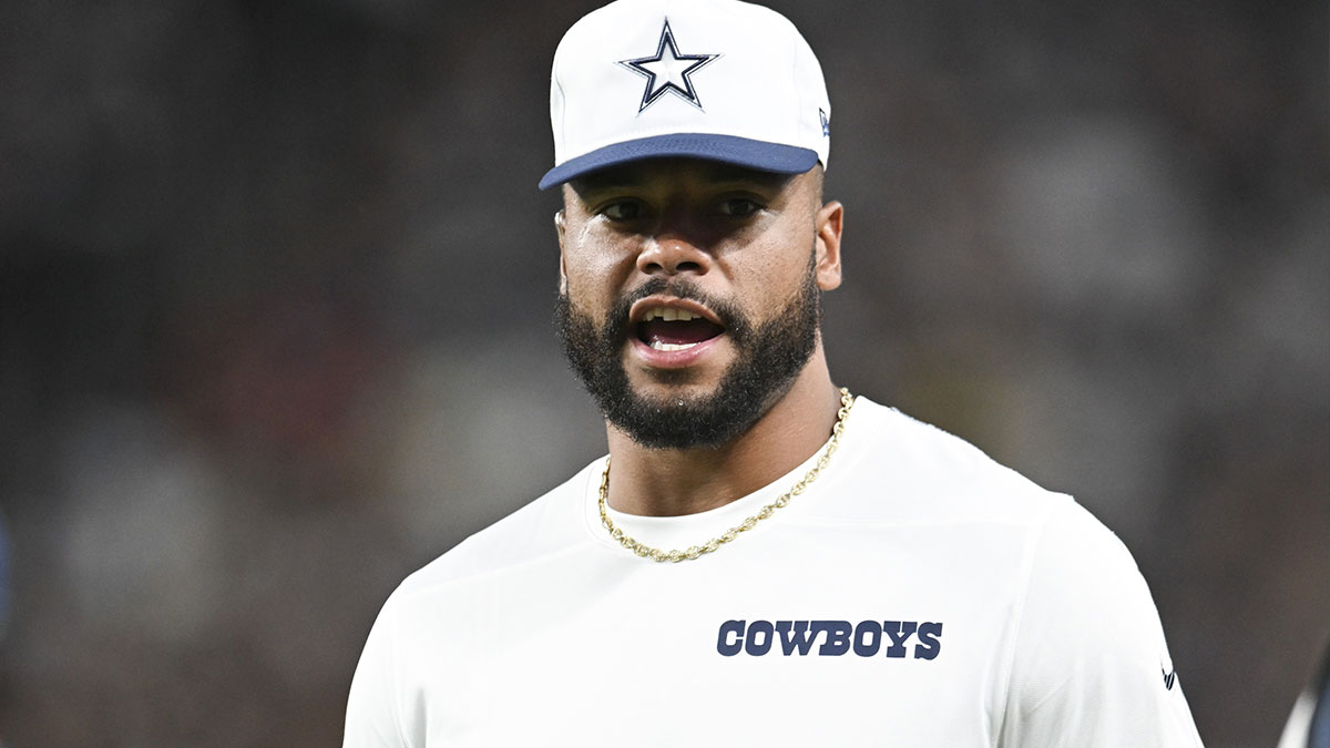 Dallas Cowboys quarterback Dak Prescott (4) looks on from the sideline in the third quarter against the Las Vegas Raiders at Allegiant Stadium.
