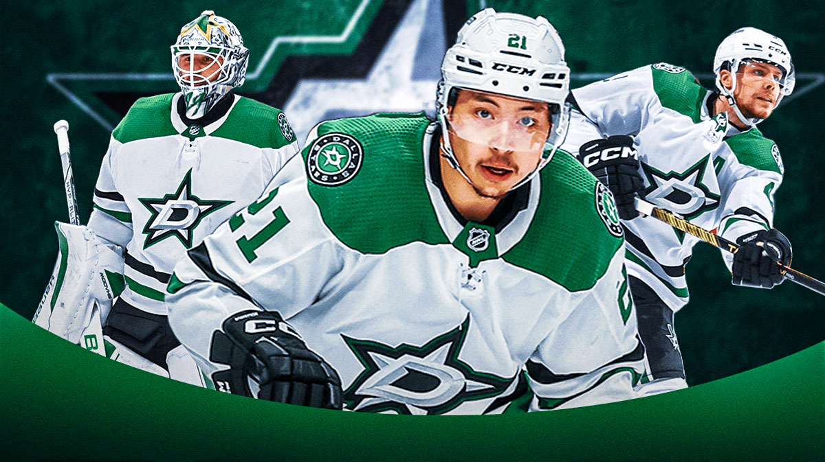 Jason Robertson, Miro heiskanen, jake Oettinger. Stars logo behind them