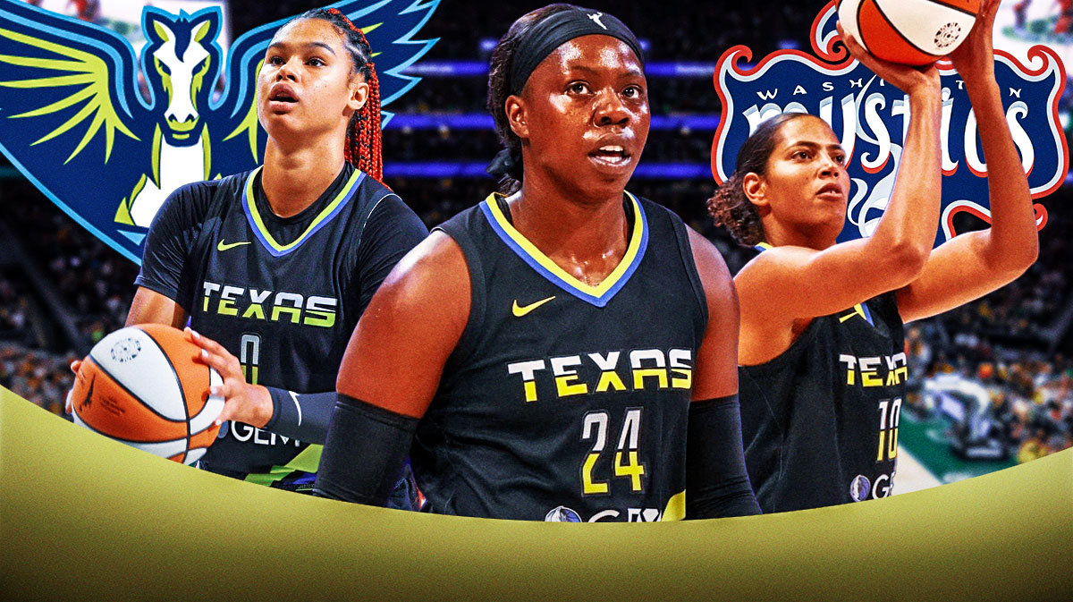 Dallas Wings and Washington Mystics 2024 logos in background. Wings players Arike Ogunbowale, Satou Sabally and Stephanie Soares in front.