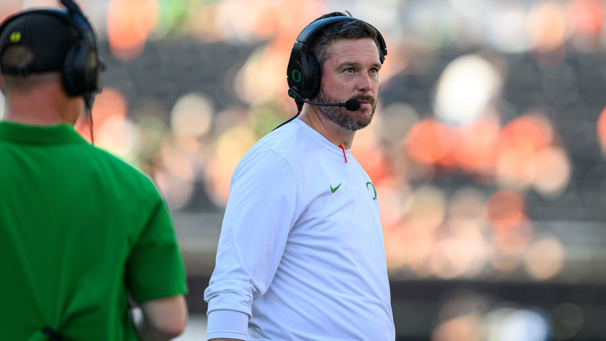 Oregon Ducks head coach Dan Lanning looks toward the scoreboard during the second half against the Oregon State Beavers at Reser Stadium.