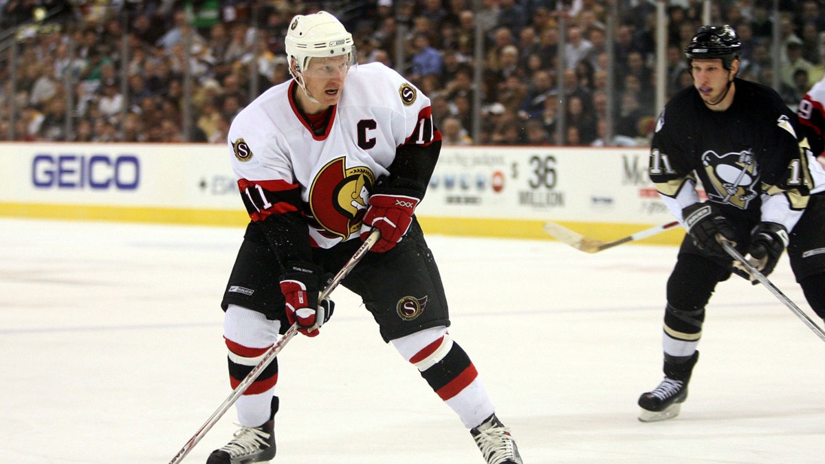 Ottawa Senators right wing (11) Daniel Alfredsson brings the puck into the Pittsburgh Penguins zone during the first period of game four of the Eastern Conference Quarterfinal at the Mellon Arena in Pittsburgh, PA.