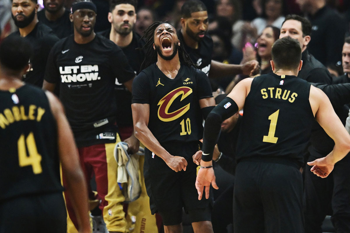 Cleveland Cavaliers guard Darius Garland (10) reacts after a basket during the first quarter against the Orlando Magic in game five of the first round for the 2024 NBA playoffs at Rocket Mortgage FieldHouse.