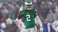 Philadelphia Eagles cornerback Darius Slay (2) reacts after breaking up a pass play against the Buffalo Bills during the second quarter at Lincoln Financial Field.