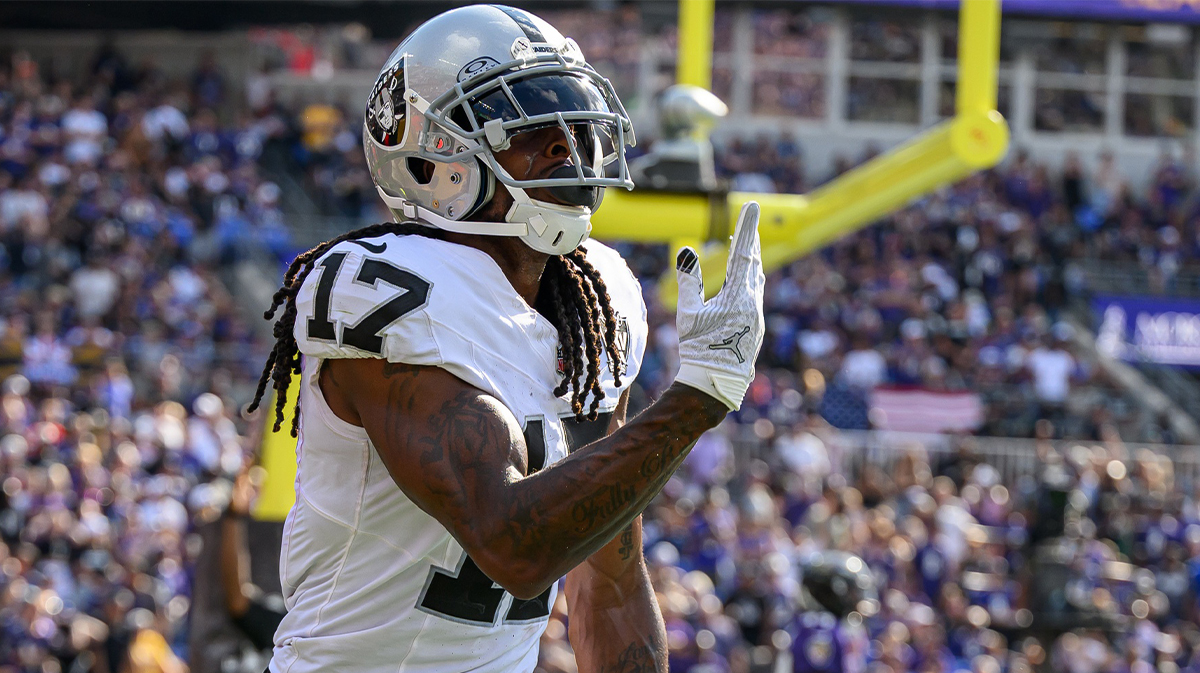 Sep 15, 2024; Baltimore, Maryland, USA; Las Vegas Raiders wide receiver Davante Adams (17) celebrates after scoring a touchdown during the second half against the Baltimore Ravens at M&T Bank Stadium. Mandatory Credit: Reggie Hildred-Imagn Images