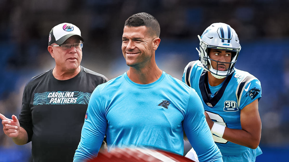 Panthers coach Dave Canales next to Panthers owner David Tepper & Panthers quarterback Bryce Young with the Panthers logo in the background