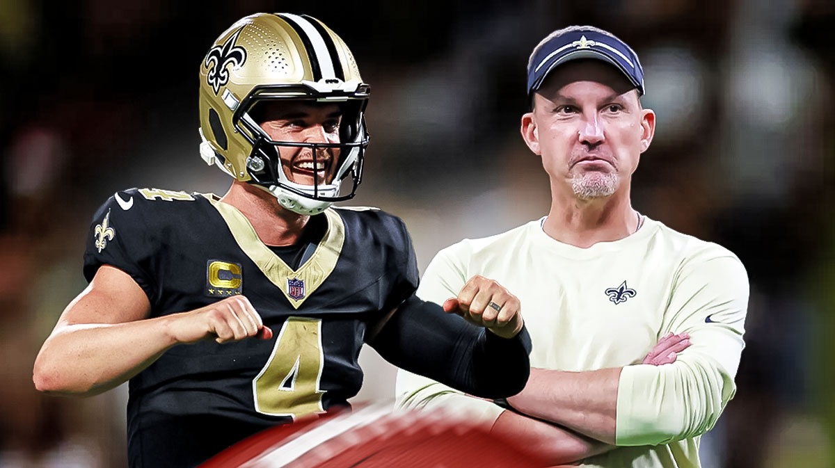 New Orleans Saints star Derek Carr and Dennis Allen in front of Caesars Superdome.