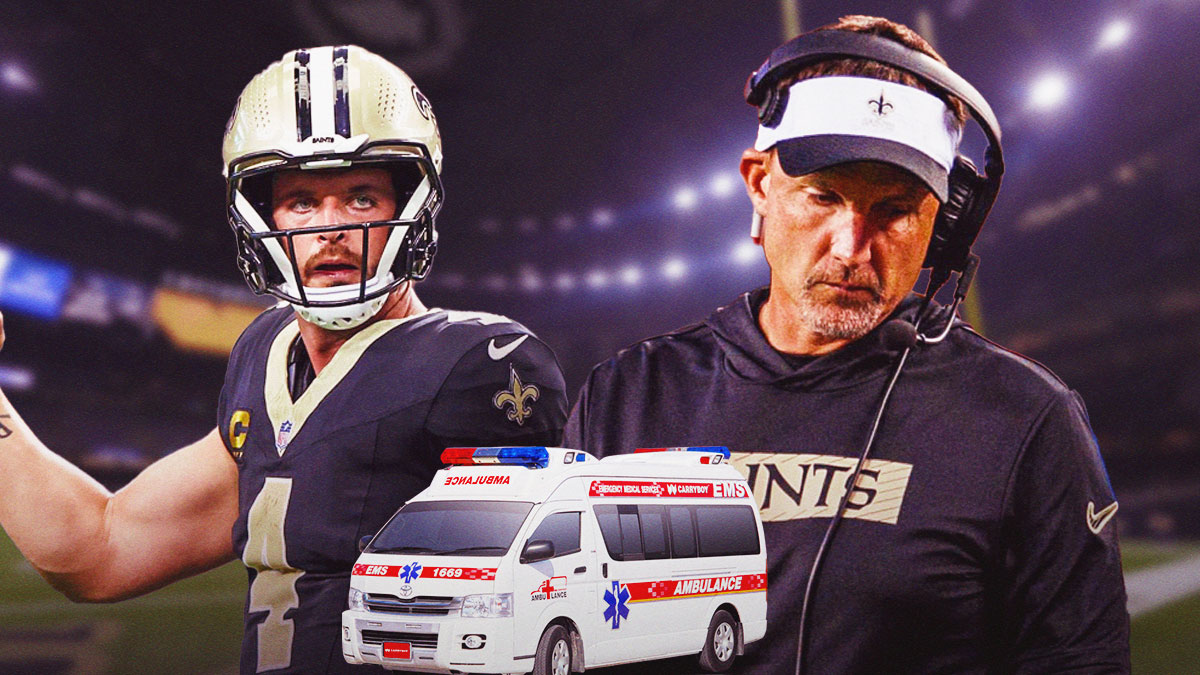 Saints' Derek Carr, Dennis Allen, and an ambulance.