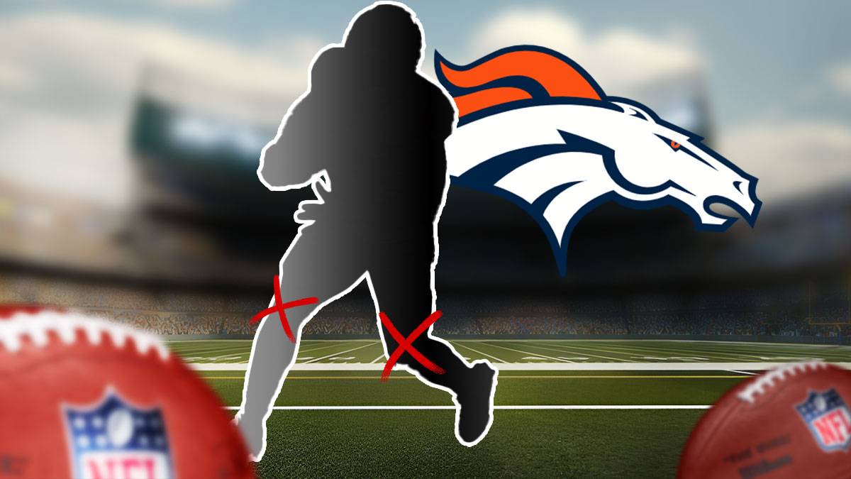 A silhouette of Audric Estime with an 'x' on one of his ankles. Broncos logo in the background.