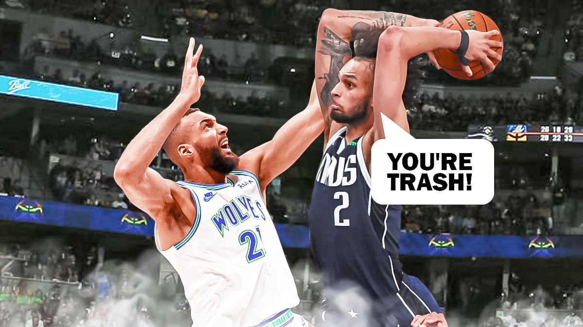 Derek Lively II dunking on Rudy Gobert with a speech bubble coming from Lively saying, "You're trash!" featuring a Timberwolves-themed bg.