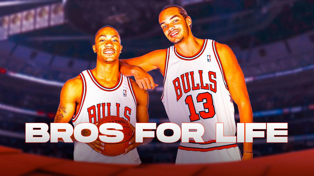 Bulls' Joakim Noah and Derrick Rose smiling together (2011), with caption below: BROS FOR LIFE