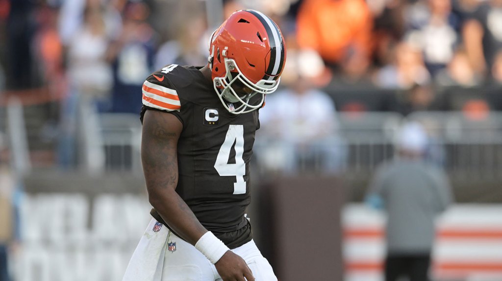 Cleveland Browns quarterback Deshaun Watson (4) walks off the field after a possession during the second half against the Dallas Cowboys at Huntington Bank Field.