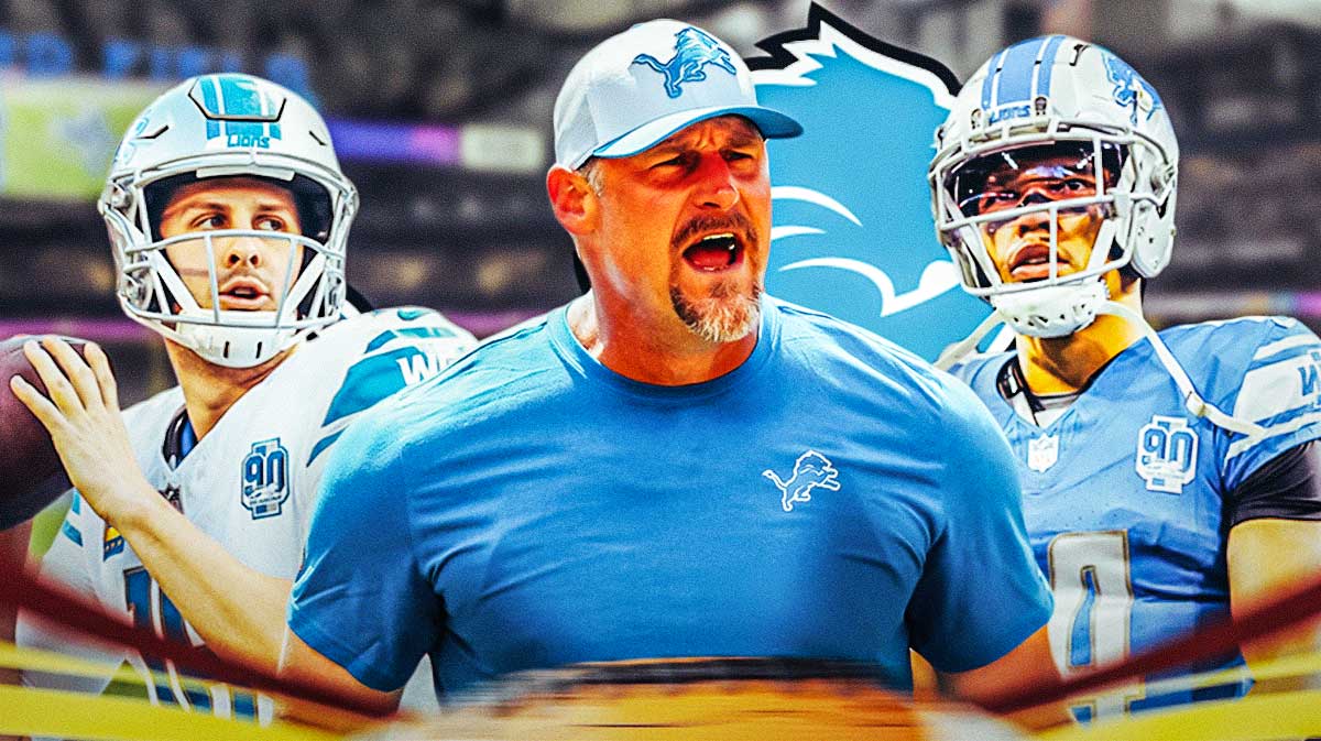 Detroit Lions head coach Dan Campbell with QB Jared Goff and wide receiver Amon-Ra St. Brown. There is also a logo for the Detroit Lions.