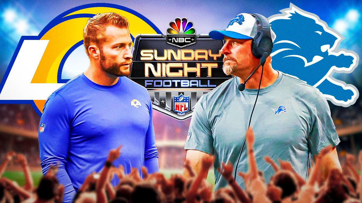 On the left side of the image is Los Angeles Rams head coach Sean McVay and a logo for the Los Angeles Rams. On the right side of the image is Detroit Lions head coach Dan Campbell and a logo for the Detroit Lions. There is also a logo for Sunday Night Football.