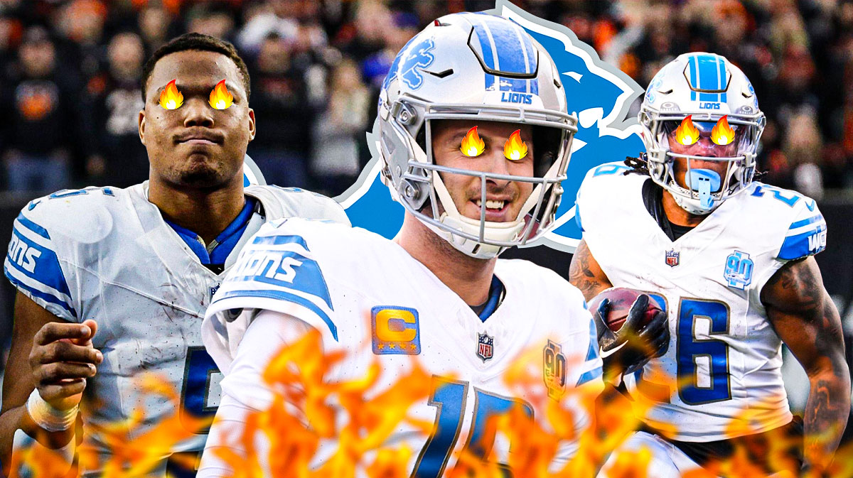 Detroit Lions QB Jared Goff with RBs Jahmyr Gibbs and David Montgomery. They all have fire emojis over their eyes. There is also a logo for the Detroit Lions.