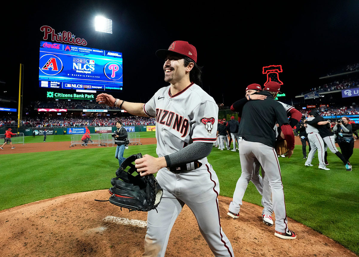 Arizona Diamondbacks Corbin Carroll (7) celebrates after defeating the Philadelphia Phillies 4-2 during Game 7 to win the NLCS at Citizens Bank Park on Oct 24, 2023.